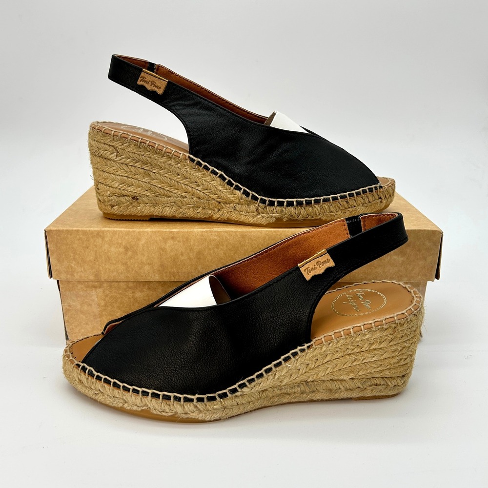 Peep Toe Wedge Espadrilles Toni Pons Laila-P Womens Size 7.5 Black Leather NEW